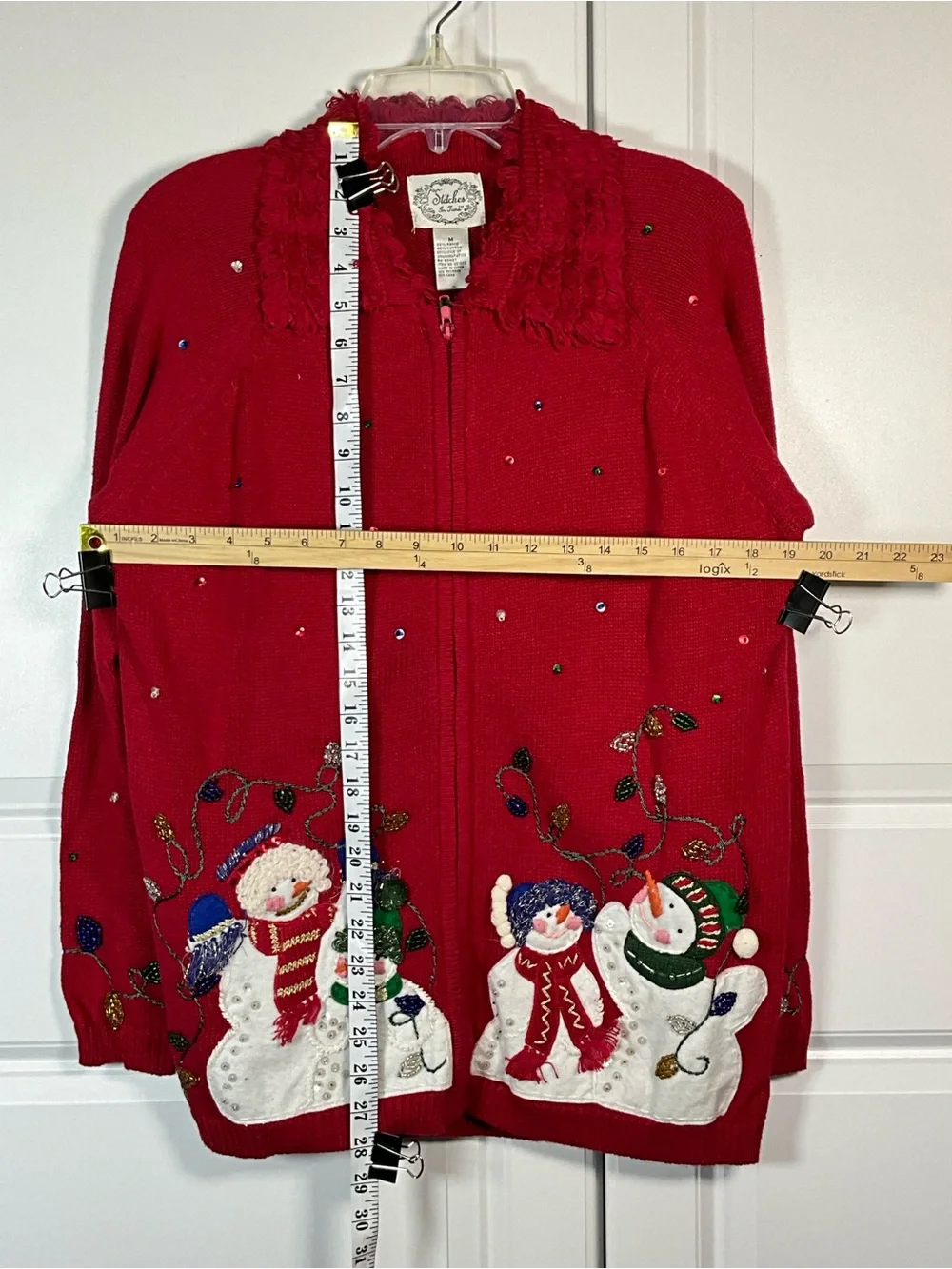 Vintage Stitches In Time Sweater Size M Red Beaded Christmas Snowman Cardigan